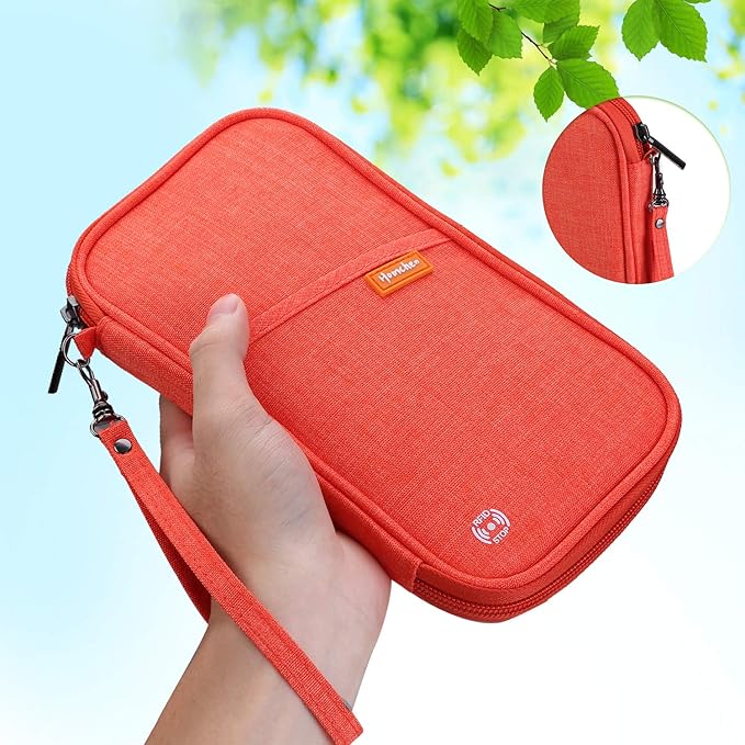 RFID Family Passport Wallet Holder Waterproof, Travel Document Organizer Credit Card Clutch Bag for Men Women (RFID Orange)