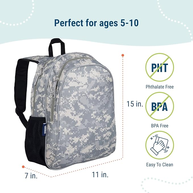 Wildkin 15-inch Kids Backpack – Durable, Padded, Adjustable for School & Travel - Digital Camo