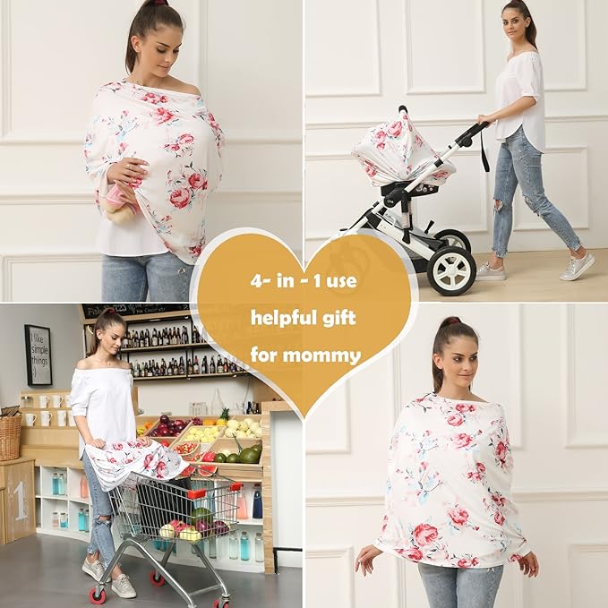 Baby Car Seat Covers - Stroller Canopy Breastfeeding Covers, Multi-use Carseat Canopy, for Boys and Girls Shower Gift (Print Flower)