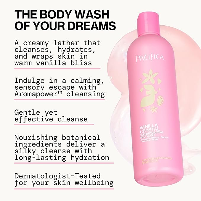 Pacifica Body Wash - Vanilla Crystal Super Hydrating Body Wash - Bath & Shower Gel - Clean Beauty, Vegan & Cruelty-Free Dermatologist Tested