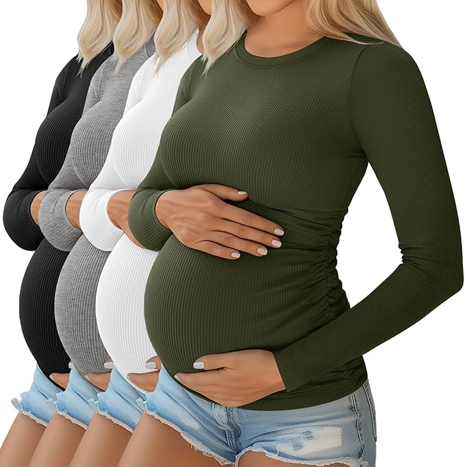 Ficerd 4 Pack Women's Maternity Shirts Cotton Long Sleeve Ribbed Crew Neck Pregnancy Tops Side Ruched Casual Mama Clothes
