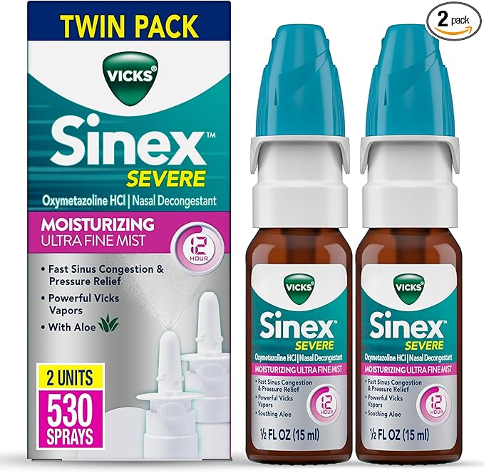Vicks Sinex Severe Nasal Spray, Moisturizing Ultra Fine Mist with Aloe, Decongestant Medicine, Relief from Stuffy Nose Due to Cold or Allergy, Nasal Congestion & Sinus Pressure Relief, 265 Sprays x 2
