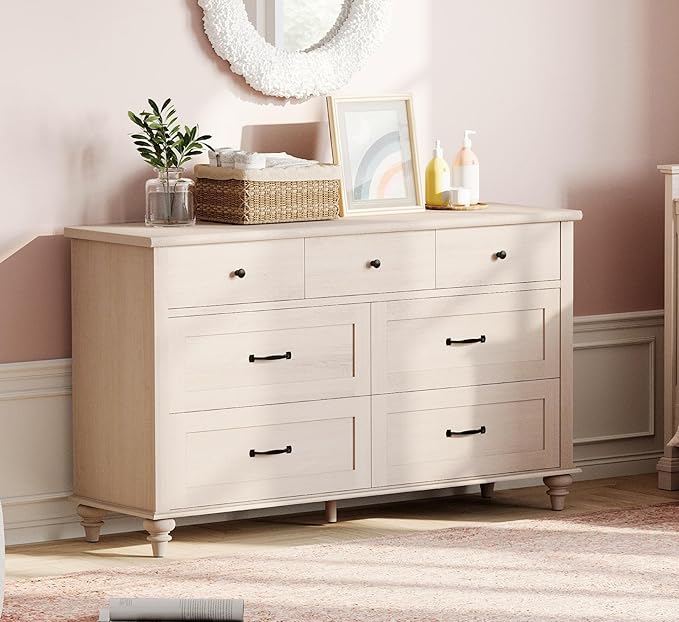 WAMPAT Beige Baby Dresser with 7 Drawers, Kids Dresser Wooden Dressers for Kids Room, Dressers Cabinet Storage Organizer for Bedroom, Children's Bedroom & Nursery