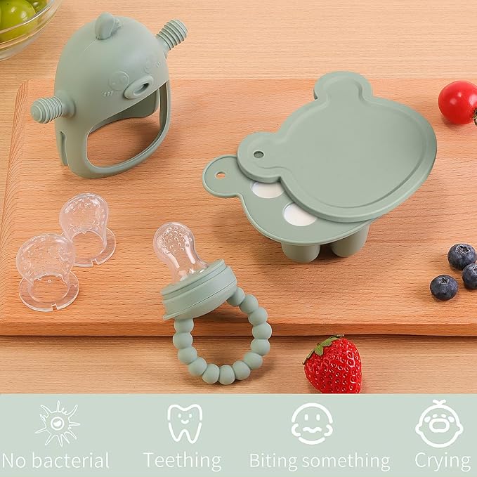 Baby Fruit Feeder & Breastmilk Popsicle Mold Set – 3 Pack Silicone Teething Relief Kit with Food Feeder Pacifier, Freezer Tray with Lid & Baby Teether Toy (Pea Green)