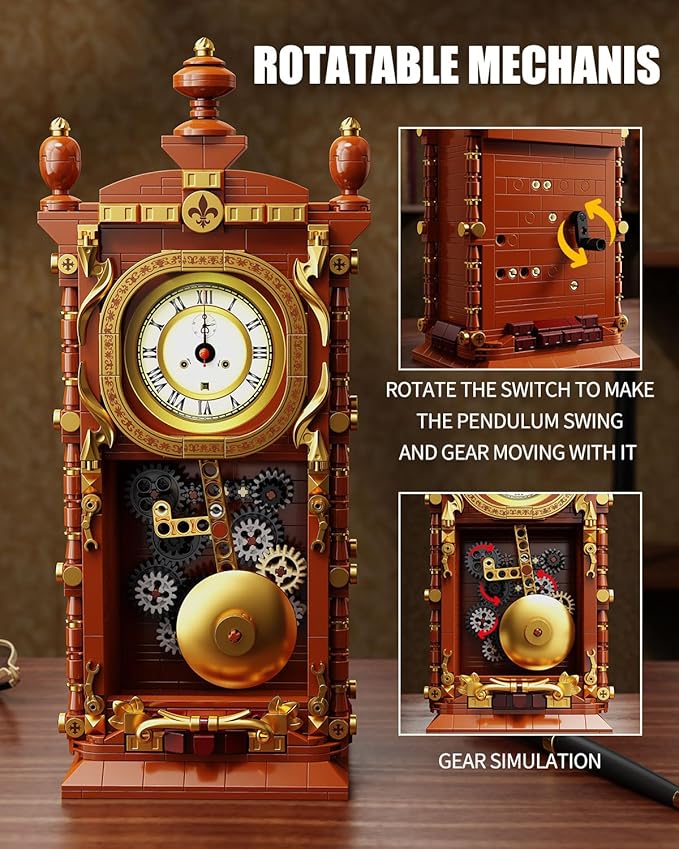 Vintage Pendulum Clock Building Block Set, Stem Toy with Real Clock Function and Linkable Mechanical Pendulum, Unique Home Decoration and Collectible for Adults&Kids 6+