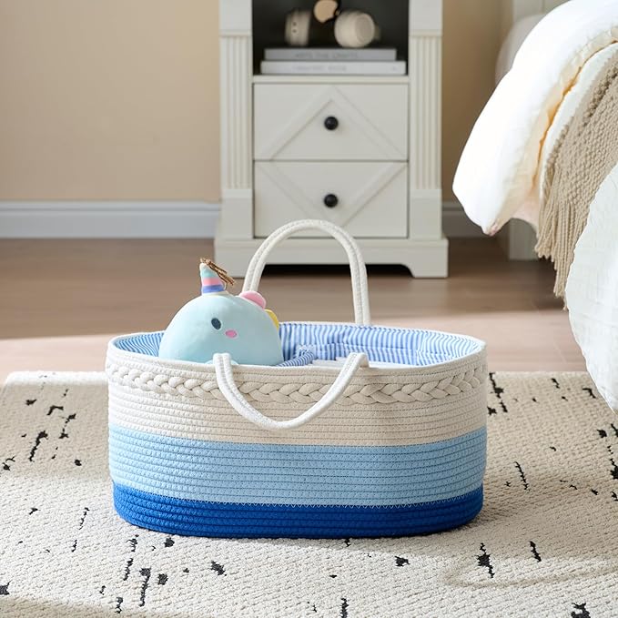 Baby Diaper Caddy Organizer, Extra Large Cotton Rope Nursery Diaper Basket, Changing Table Organizer, Portable Tote Bag with Divider, Car Storage, Baby Shower Gifts for Newborn Boys - Blue