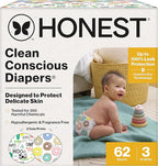 The Honest Company Clean Conscious Diapers for Delicate Skin | Up to 100% Leakproof | Hypoallergenic, Fragrance Free | Gender Neutral | Club Box, Size 3 (16-28 lbs), 62 Count (Prints May Vary)