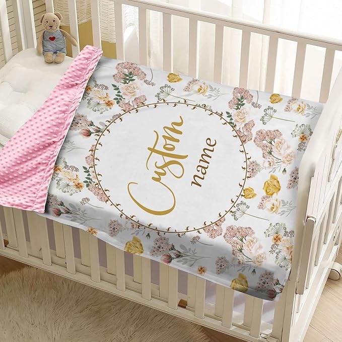 Personalized Name Baby Blanket, Soft Flannel with Double Layer Dotted Backing, Receiving Swaddle Blanket Suitable for Infants and Toddler, Flowers Design