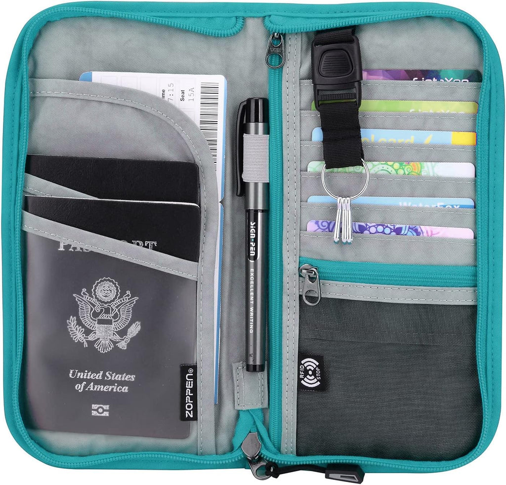 ZOPPEN Passport Holder Family RFID Passport Wallet, Passport Holder Women/Men, Travel Wallet Documents Organizer Zipper Case with Removable Wristlet Strap, Travel Essentials for Flying