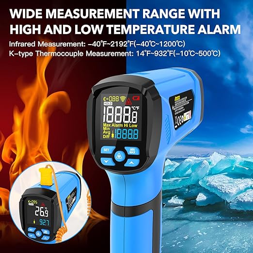 Infrared Thermometer Temperature Gun, -40℉ to 2192℉ Dual Laser High Temp Thermometer with LCD Color Display, Non-Contact Industrial Pyrometer 50:1 Distance Ratio, Adjustable Emissivity