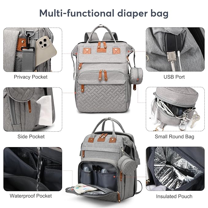 Diaper Bag Backpack with Changing Station, Large Diaper Bag For Boys And Girls, Multifunctional Waterproof Travel Diaper Backpack, Baby Bag with USB Charging Port for Moms Dads, grey