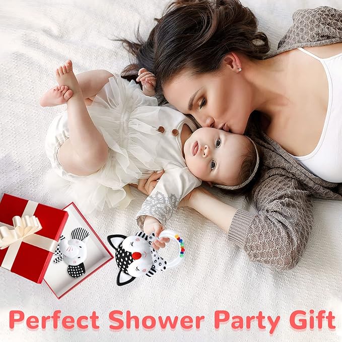 Baby Rattles & Toys - 0-3 Months, High Contrast Black & White Plush Stuffed Toys for Infants