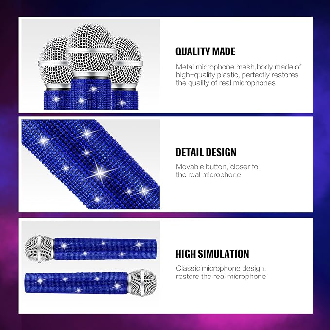 Sanwuta Fake Microphone Prop Sparkly Bling Rhinestones Plastic Play Microphone Pretend Glitter Bedazzled Mic for Cosplay Party Costume(Royal Blue)
