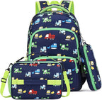 mygreen 3PCS Kids Backpack Set - Waterproof Bookbag with Lunch Box for Boys Ages 3-12, Adorable Cartoon Prints for School & Outdoor Use Blue Green Truck