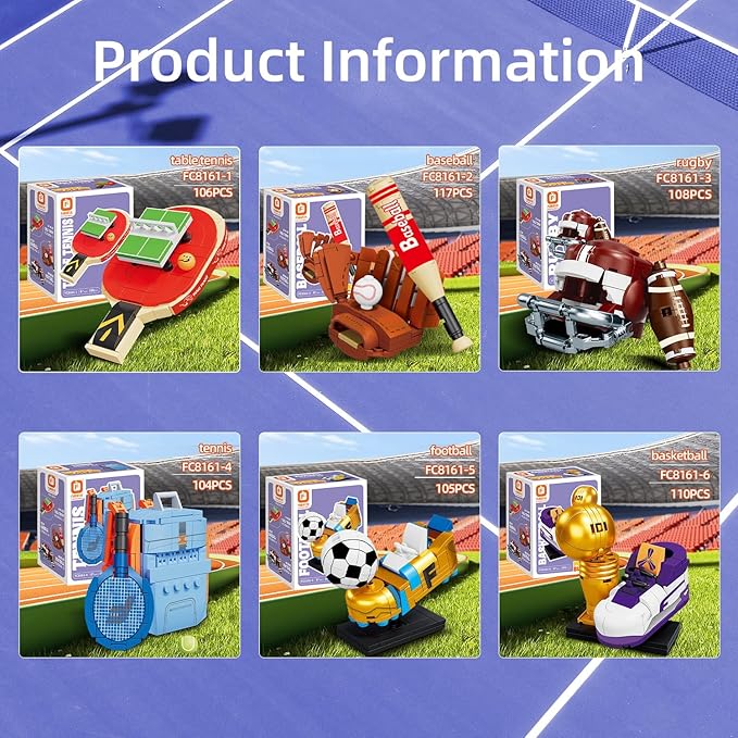 Sports Building Blocks Sets, Compatible with Lego Party Favor Set for Kids 6 in 1 Soccer, Baseball, Rugby(Football), Basketball, Tennis, Table Tennis Collectors & Boys 4-7, Home Decor Gift 650 PCS