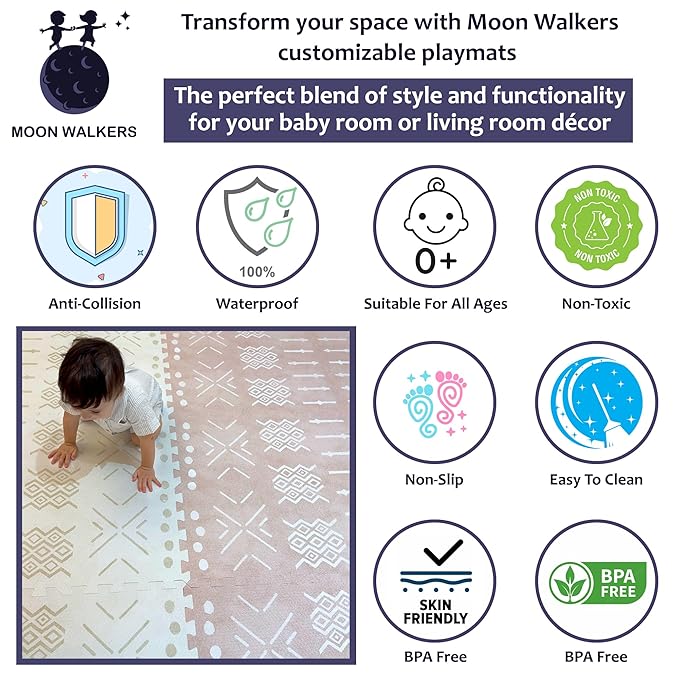 MOON WALKERS Stylish Boho Baby Play Mats for Floor,(6x6ft) Play Mat for Babies and Toddlers, Non-Toxic, Soft, Thick, Tummy Time Mat for Crawling (Extra Large 9 Tiles, Ivory Aztec)