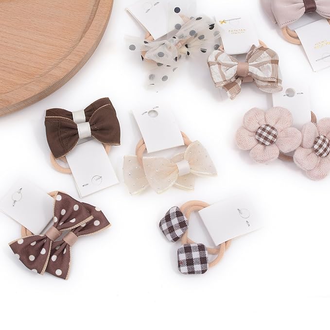 Boutique Baby Hair Bows and Elastics, 20 Pcs Toddler Ponytail Holders with Bows, 1.2 Inch Pigtails Rubber Bands Hair Accessories for Little Girls (Set-D)