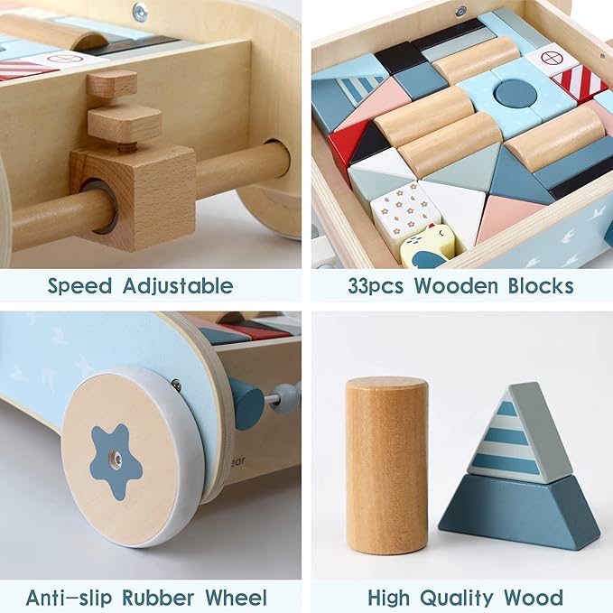 PairPear Wooden Baby Walker with Blocks & Brake – Montessori Push Cart, Adjustable Speed, Anti-Slip Wheels, Gift for 1-3 Y Boys & Girls