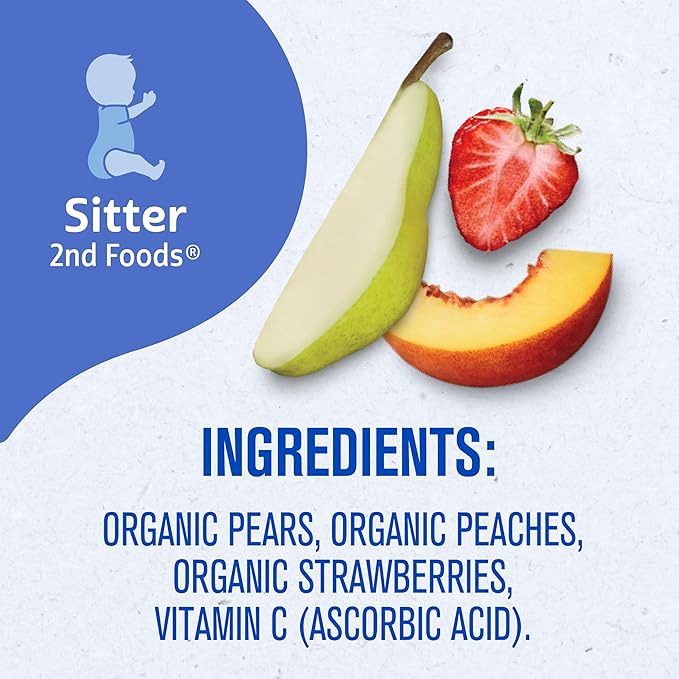 Gerber Stage 2 Baby Food, Organic Pear Peach Strawberry Puree Pouch, 2 Servings of Fruit, No Added Sweetener, No Artificial Colors or Flavors, 12-Pack
