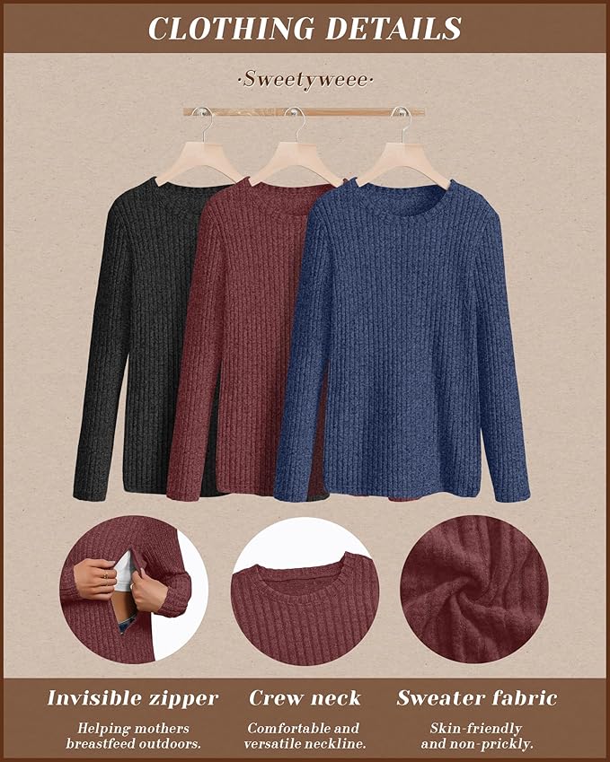 3 Pack Women's Nursing Long Sleeve Tops Breastfeeding Thermal Sweaters with Hidden Zipper Maternity Ribbed Shirts