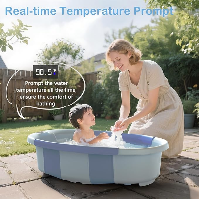 Collapsible Baby Bathtub - Large Baby Bath Tub with Thermometer & Cushion | Travel Portable Newborn Infant Bathtub | Foldable Toddler Bathtub for Baby 0 to 36 Months (Blue)