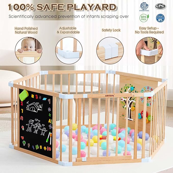 All-in-one Wood Baby Playpen with Door, Adjustable Wooden Play Fence with Dual-Sided Chalkboard, Whiteboard & Montessori Activity Toys, Expandable Activity Center Safe Playard for Babies 3M+