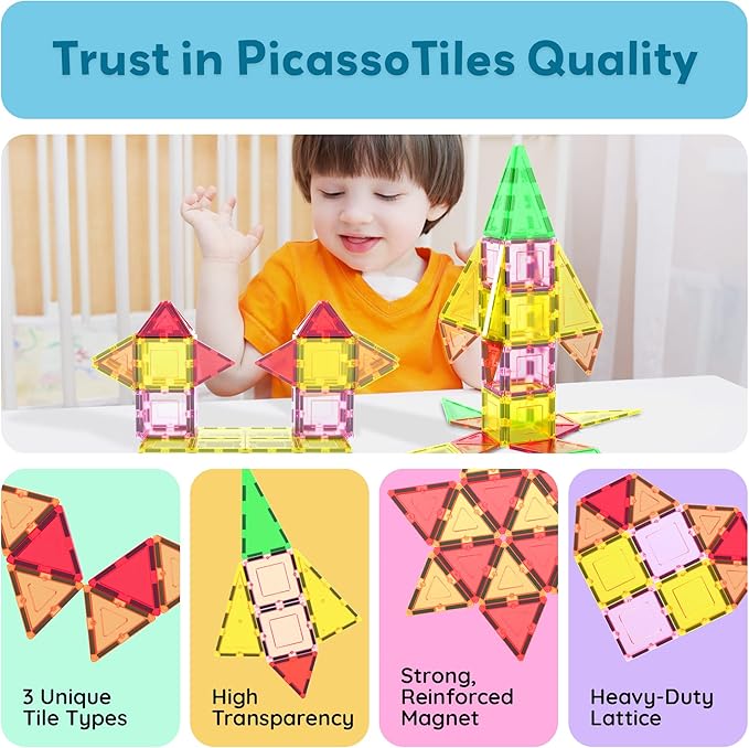 PicassoTiles Magnetic Tile Building Block Set with Squares and Triangles STEM Educational Construction Geometric Magnet Shape Kit for Brain Development Creativity and Learning for Kids Age 3 Plus PB12