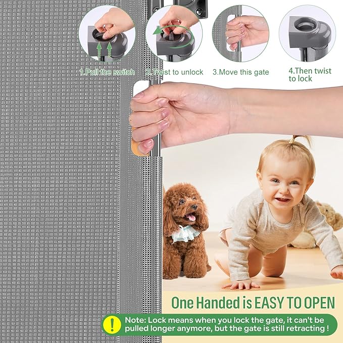 Retractable Baby Gate, Extra Wide Safety Kids or Pets Gate, 33” Tall, Extends to 55” Wide, Mesh Safety Dog Gate for Stairs, Indoor, Outdoor, Doorways, Hallways(33”x55”- Grey)