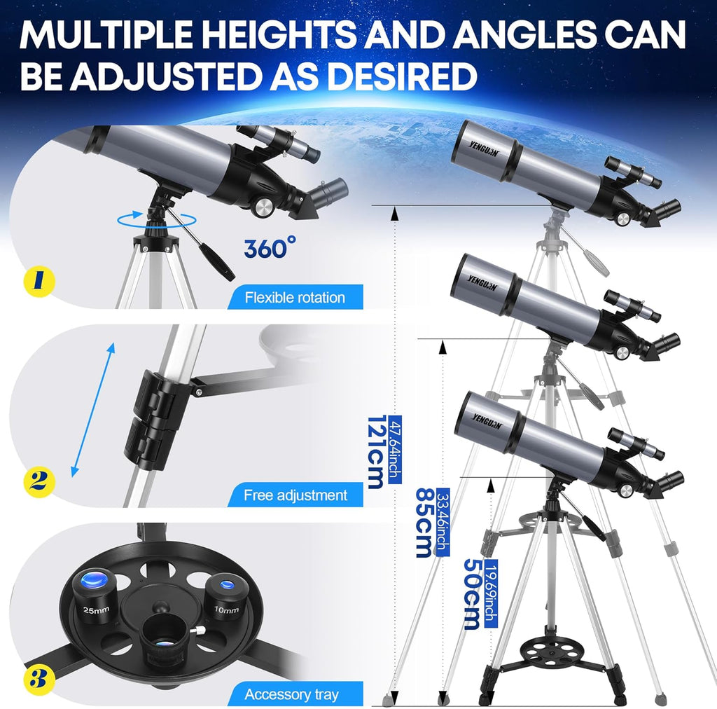 Telescope for Adults & Kids 80mm Aperture 600mm, Telescope for Adults High Powered, Beginners in Astronomy to See Planet, with Phone Adapter and Moon Filter, Carry Bag, Gray