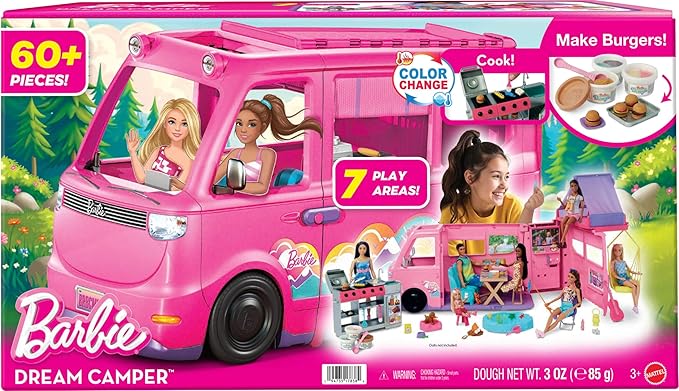 Barbie Dream Camper New for 2025 Playset with Roof Tent, Swing Chair, Fishing Pond, BBQ Grill with Color-Change Feature & 60+ Accessories Including Dough