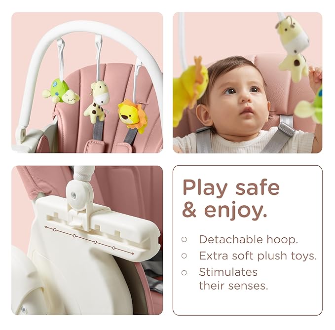 KÜB 3-in-1 Foldable Baby High Chair, 7 Height & 4 Recline Adjustable Seat & Tray for Easy Clean, 2 Locking Wheels, Multifunctional Infant High Chairs for Babies and Toddlers (Pink, with Toys)