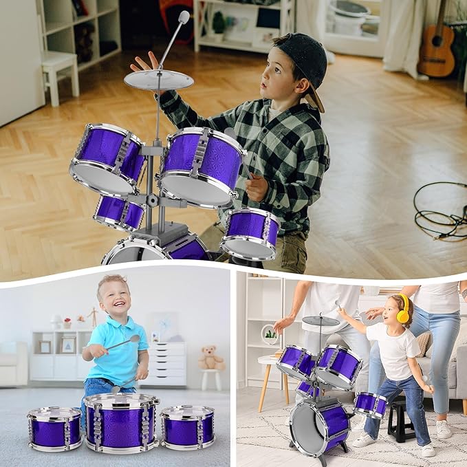 Kids Jazz Drum Set Rock Kit Toys for 3-7 Year Olds - 5 Piece Toddler Band Musical Instrument Educational Percussion Birthday Playset