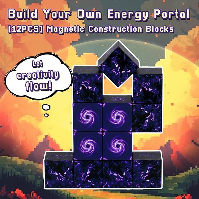 3 otters 12PCS Magnetic Building Blocks, Travel Toys for Kids STEM Magnetic Cube with Storage Box for Boys Girls Birthday Gift (Portal)