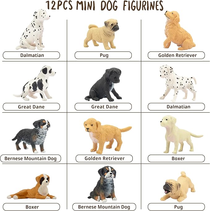 Toymany 12PCS Mini Dog Figurines Playset, Realistic Detailed Plastic Puppy Figures, Hand Painted Emulational Tiny Dogs Animals Toy Set, Cake Toppers Christmas Birthday Gift for Kids Toddlers