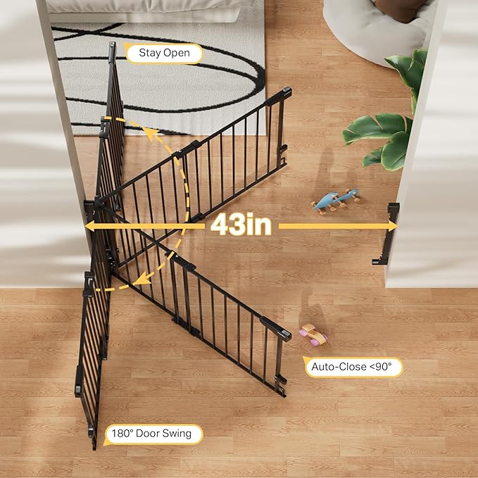 Cumbor 2 Pack 29.2-43" No Bottom Bar Baby Gate for Stairs, 2-in-1 Auto Close Dog Gate Indoor, Hardware Mounted Pet Gate for Doorways with Large Walk Thru Door, Child-Proof Safety Gate for Kids (Black)