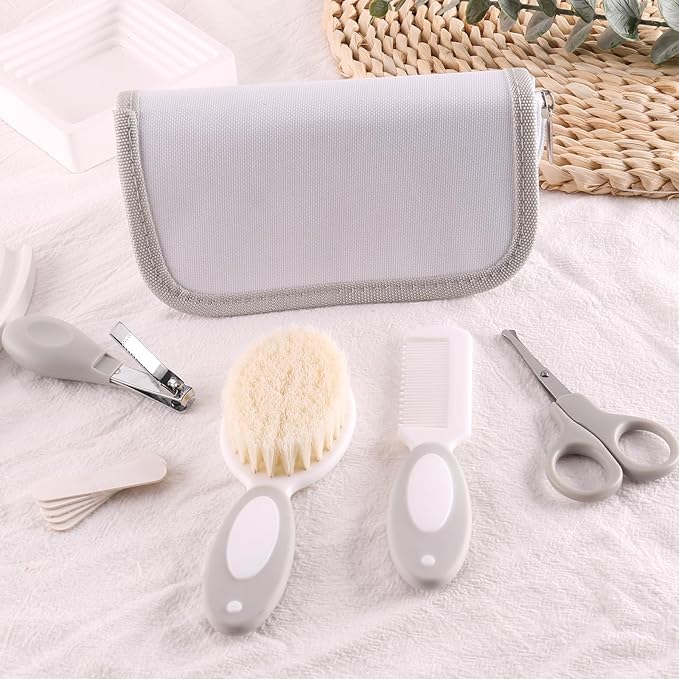 Baby Grooming Kit with Storage Pouch Baby Brush Soft Bristles 5 pcs-Infant Brush, Rounded Comb, Safety Scissors, Nail Clippers & Emery Board -Health Care Kit for Newborns & Toddlers Gray