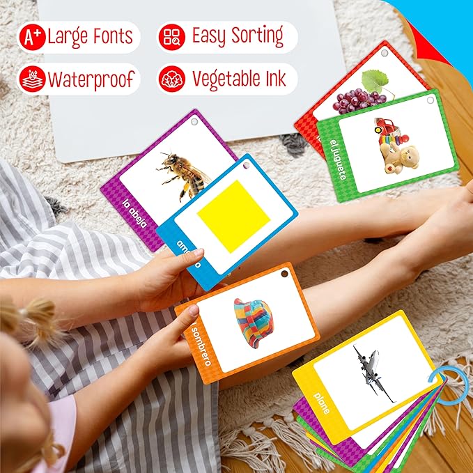 60 English Spanish Flash Cards, Double-Sided Nouns Cards Bilingual Sight Words - Animals, Colors, Food, Vehicles Cards, Language Vocabulary Learning Tool for Beginners 5+ with 2 Reclosable Rings