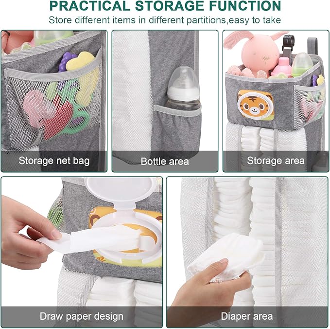 Accmor Hanging Baby Diaper Caddy Organizer, Diaper Stacker, Baby Crib Hanging Classified Storage Bag Organizer for Changing Table, Crib, Playard or Wall & Nursery Organization, Grey