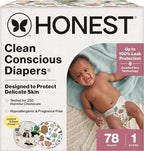 The Honest Company Clean Conscious Diapers for Delicate Skin | Up to 100% Leakproof | Hypoallergenic, Fragrance Free | Fall '25 Limited Edition Prints | Club Box, Size 1 (8-14 lbs), 78 Count