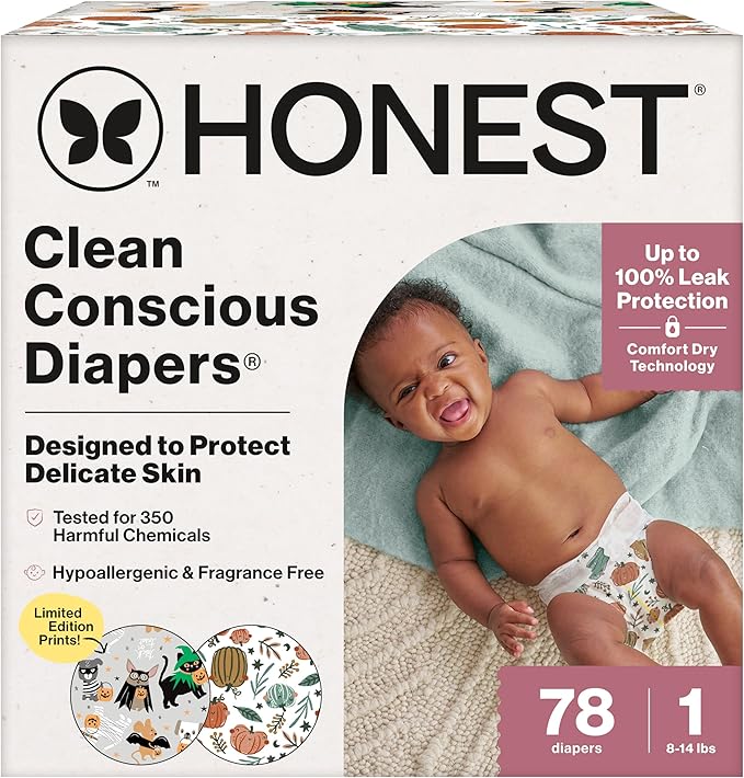 The Honest Company Clean Conscious Diapers for Delicate Skin | Up to 100% Leakproof | Hypoallergenic, Fragrance Free | Fall '25 Limited Edition Prints | Club Box, Size 1 (8-14 lbs), 78 Count