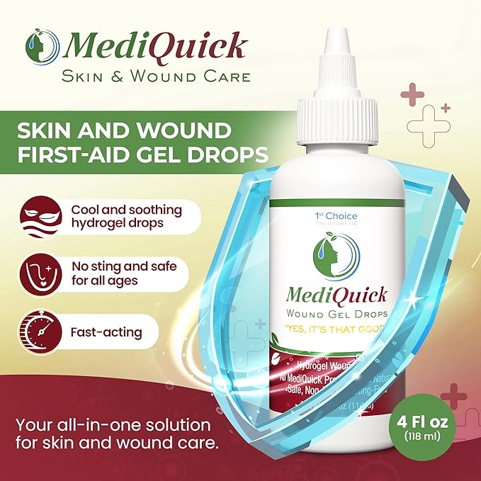 MediQuick Skin & Wound Care Hydrogel Drops - Quick Healing First Aid Drops with 12 Hours Action to Heal Cuts, Burns, Inflammation, Rash, Itch, Eczema & More - Safe Wound Wash with No-Sting - 4 Fl Oz