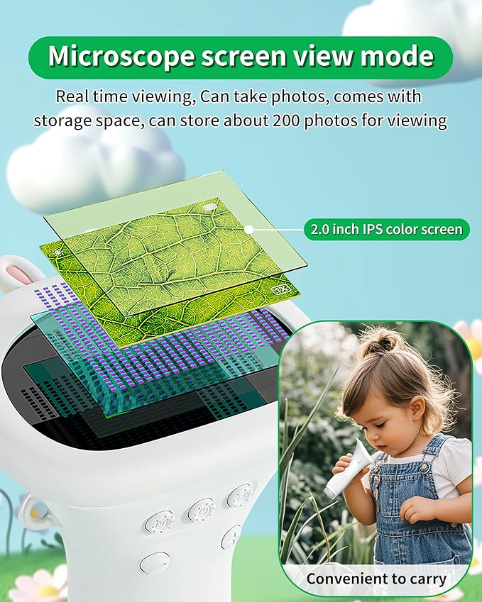 Microscope for Kids, Educational Science Kit Toys Portable Handheld Magnifying Glass, Macro Fixed Focus Digital Kid Microscopes Up to 1000x Magnification,4X Zoom, Interactive Learning, Ages 3+