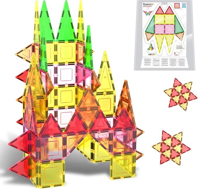 PicassoTiles Magnetic Tile Building Block Set with Squares and Triangles STEM Educational Construction Geometric Magnet Shape Kit for Brain Development Creativity and Learning for Kids Age 3 Plus PB12