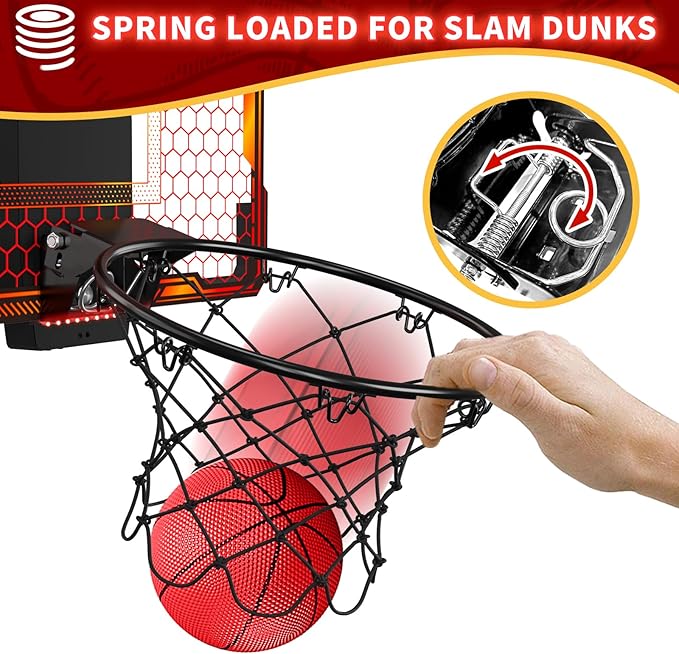 Mini Basketball Hoop Indoor with 7 LED Lighting, Scoreboard, 3 Modes, Volume Adjustable, Over Door Basketball Hoop Foldable, Basketball Toys for Kids Adults Gifts (Red)