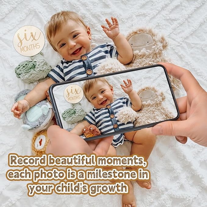 12PCS Baby Announcement Sign and Monthly Baby Milestone Set,Wooden Babys Monthly Milestone Classic Cursive Script, Hello World Newborn Sign with Ink Pad for Babys Photo Props