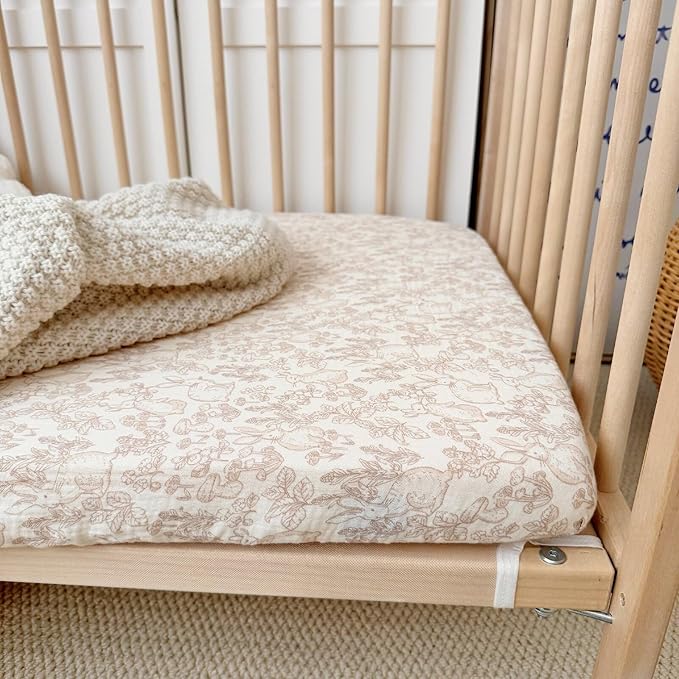 BuLuTu 2 Pack Muslin Crib Sheets for 52"x28" Standard Crib Mattress, Cute Rabbit Print Fitted Crib Sheets for Boys Girls Toddlers, Boho Neutral Soft Cotton Baby Sheets, Beige & Forest