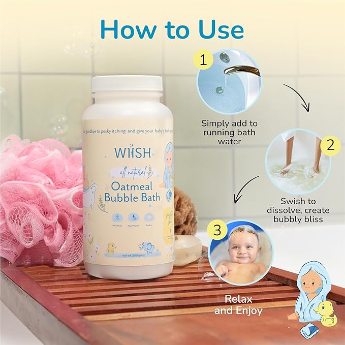 WIISH Baby Oatmeal Bubble Bath - Baby Bubble Bath for Sensitive Skin with 30% Colloidal Oatmeal | Aloe vera powder + Lavender powder Healing Ingredient, soothing Itchiness, Rashes, Dryness 16 oz(260g)