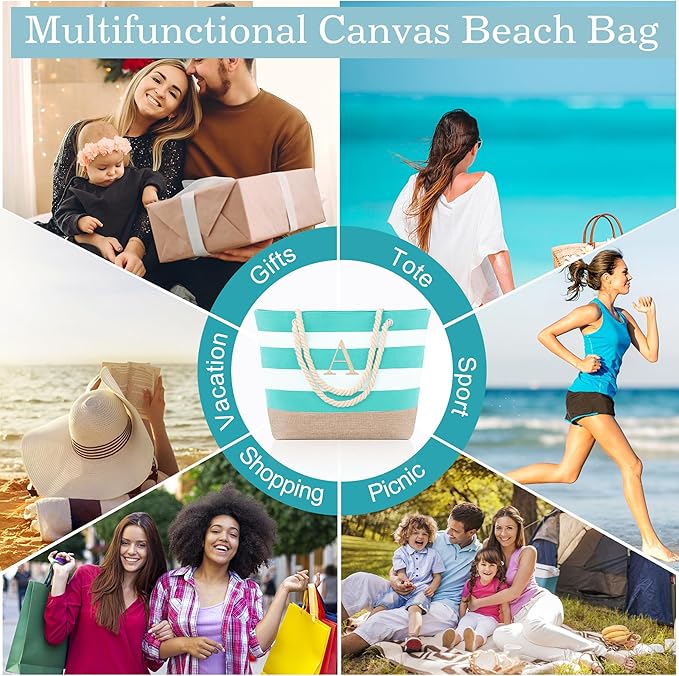 YOOLIFE Initial Canvas Waterproof Beach Tote Bag Zipper Personalized Gifts for Women Her Birthday Travel Beach Essential