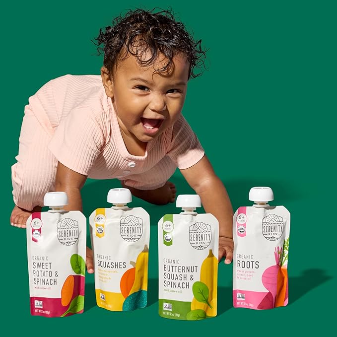 Serenity Kids 6+ Months Veggie Puree Organic Baby Food Pouches - No Added Sugar, Allergen-Free & BPA-Free Baby Snacks - 3.5 Oz, 8 Pack