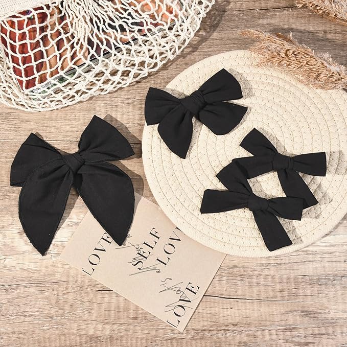 DEEKA 4 PCS Black Cotton Linen Hair Bows 3 Styles 5" & 4" Handmade Hair Bow set for Toddler Girls Alligator Hair Clips Knot Bows Hair Accessories for Little School Girls (Black)